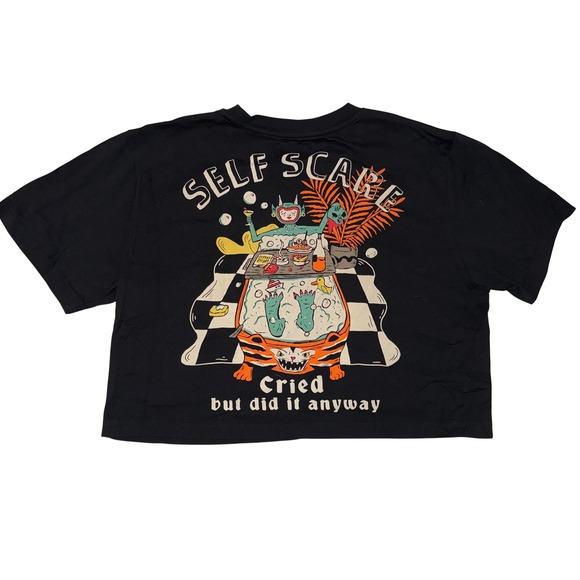 Occupied Mind Self Scare Graphic Crop Top Black Womens Large Cried Did It Anyway - Picture 2 of 3